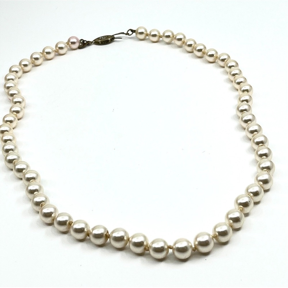 Vintage RMN Faux Pearl Strand Necklace Gold Tone Filigree Clasp Cream Classic